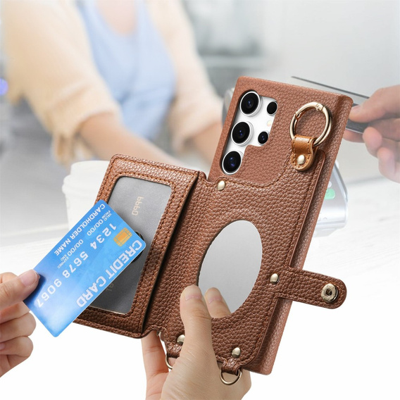 Etui do Samsung Galaxy S25 Ultra – z klapką, kieszeniami i paskiem, brązowe