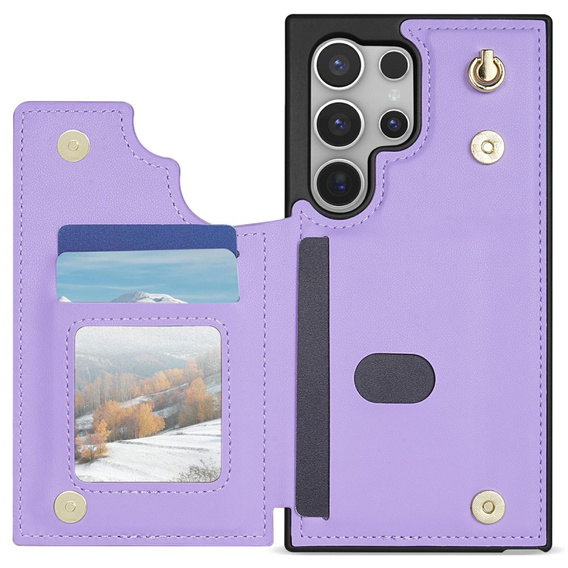 Etui do Samsung Galaxy S25 Ultra z kieszeniami na karty, paskiem i funkcją podstawki – fioletowe