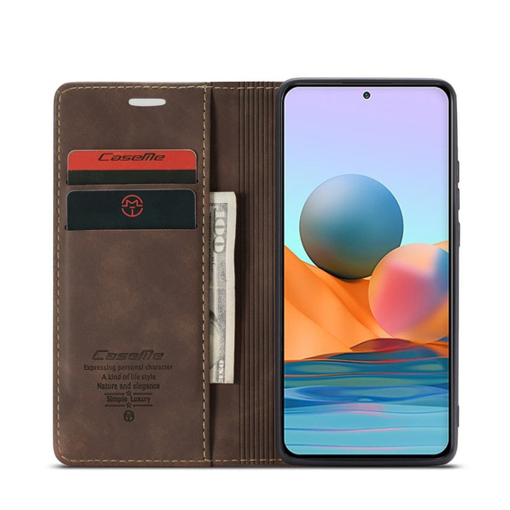 Etui CASEME do Xiaomi Redmi Note 10 Pro, Leather Wallet Case, kawowe