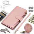Etui z klapką do Samsung Galaxy S24 Ultra, Wallet Zipper Pocket RFID, z paskiem na ramię, różowe rose gold
