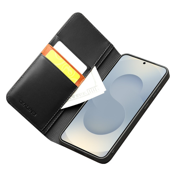 Etui z klapką z naturalnej skóry do Samsung Galaxy S25 Edge – stylowa ochrona z funkcją portfela - czarne