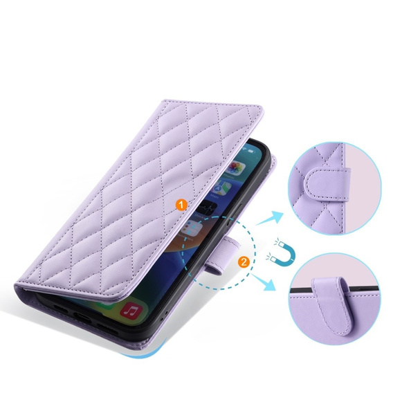Etui z klapką do iPhone 16 Pro Max, Rhombus Crossbody Leather, fioletowe