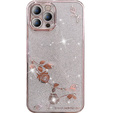 Etui do iPhone 13 Pro Max, Glitter Flower, różowe rose gold