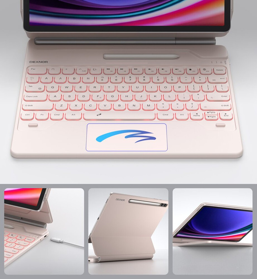 Etui z klawiaturą do Samsung Galaxy Tab S7+ / S7 FE / S9+ / S8+ / S9 FE+ / S10+, Dexnor Magnetic Keyboard Touchpad, różowe