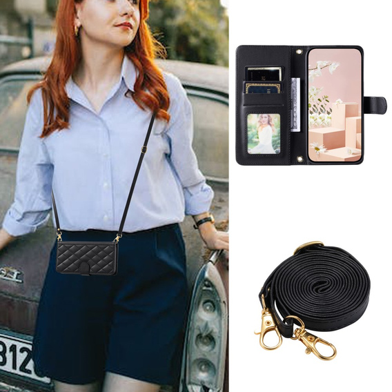Etui z klapką do iPhone 16, Rhombus Crossbody Leather, czarne