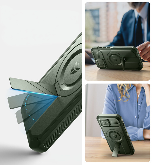Etui pancerne do iPhone 15, Dexnor CamProtect MagSafe, zielone (Dwie ramki)