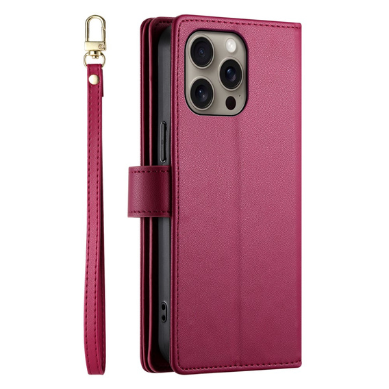 Etui z klapką do iPhone 16 Pro, Wallet Zipper Pocket, czerwone