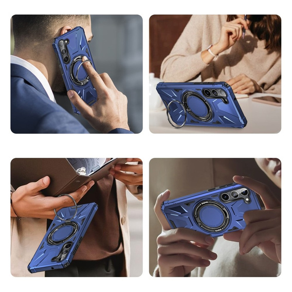 Etui do Samsung Galaxy S24, pancerne z podstawką i blaszką do uchwytu, niebieskie