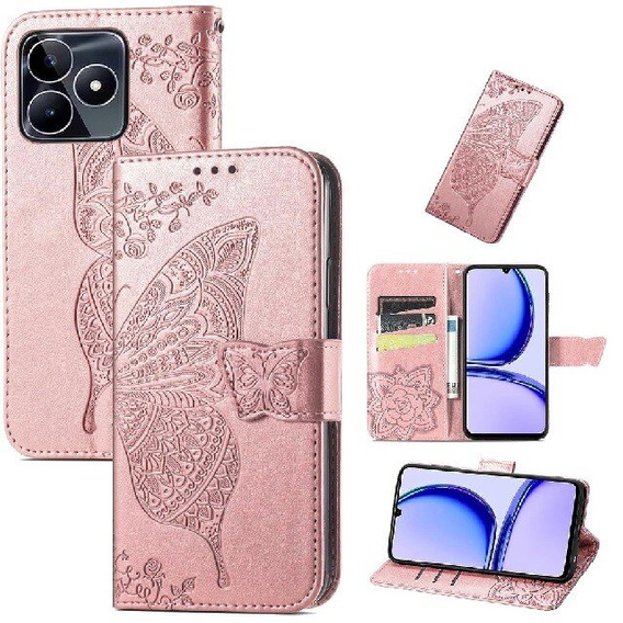 Etui z klapką do Realme Note 50, Butterfly, różowe rose gold