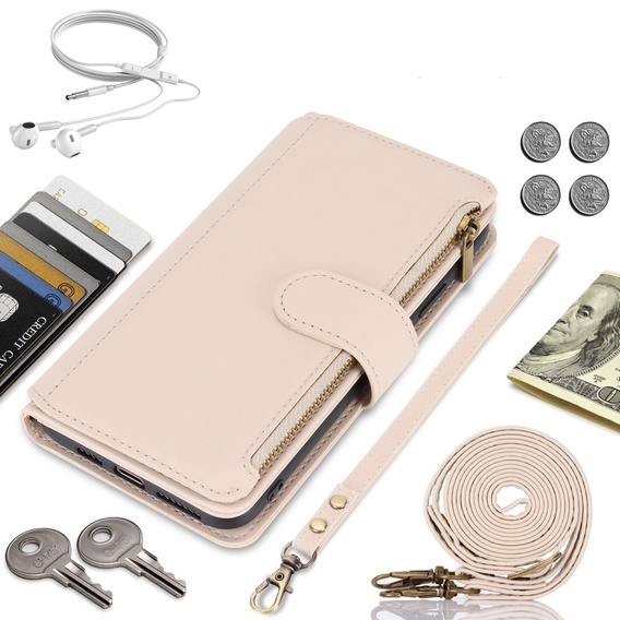 Etui z klapką do Samsung Galaxy S24, Wallet Zipper Pocket RFID, z paskiem na ramię, białe