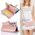 Etui z klapką do Samsung Galaxy S24 Ultra, Wallet Zipper Pocket RFID, z paskiem na ramię, różowe rose gold