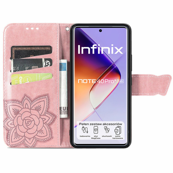 Etui z klapką do Infinix Note 40 Pro Plus, Butterfly, różowe rose gold