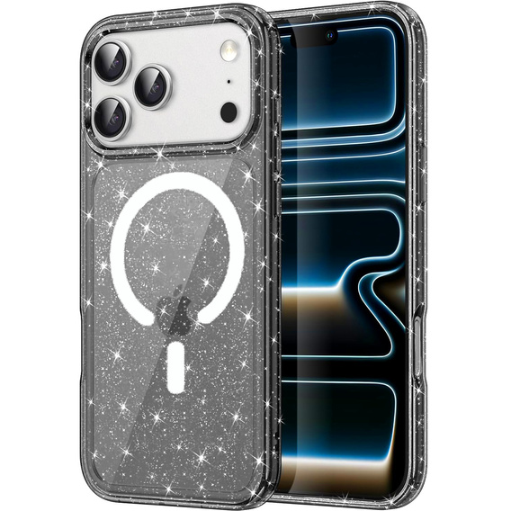 Etui do iPhone 17 Pro, do MagSafe, brokat - półprzezroczyste czarne