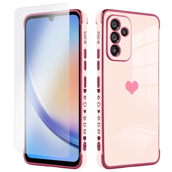 Zestaw Etui do Samsung Galaxy A34 5G, Electro heart, Różowe rose gold + szkło
