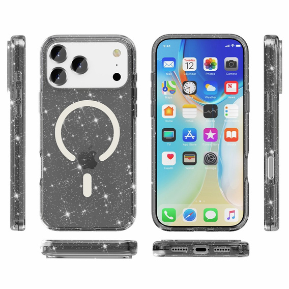 Etui do iPhone 17 Pro Max, do MagSafe, brokat - półprzezroczyste czarne