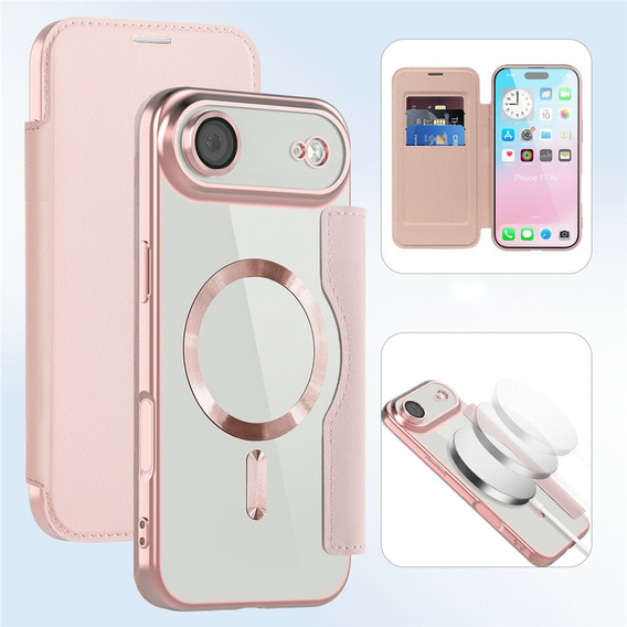 Etui z klapką do iPhone Air, RFID Wallet MagSafe z ochroną aparatu, różowe