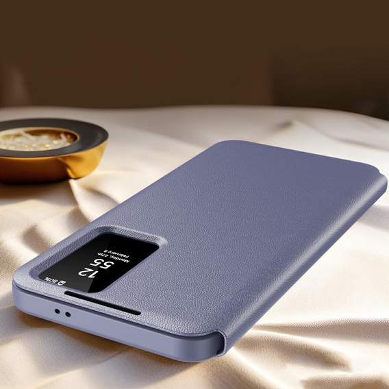 Etui do Samsung Galaxy S25 Edge – skórzane z okienkiem Smart View i kieszenią na kartę, fioletowe