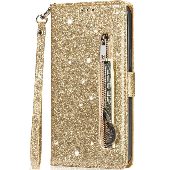 Etui z klapką do Samsung Galaxy A55, Wallet Zipper Pocket Glittery, złote