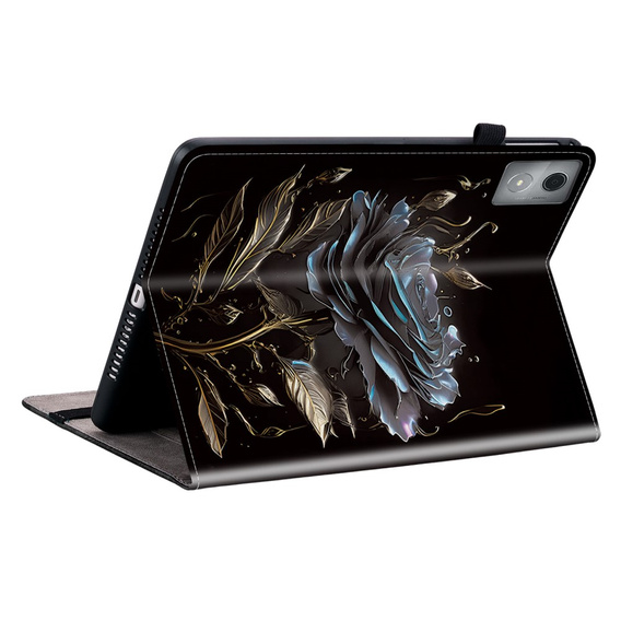 Etui do Lenovo Tab K11 Plus – czarne, z nadrukiem róży, z kieszeniami na karty i funkcją podstawki