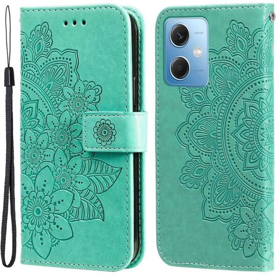 Zestaw Etui z klapką do Xiaomi Redmi Note 12 5G / POCO X5 5G, portfel Mandala i kwiaty, Zielone + szkło
