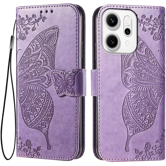 Etui z klapką do Oppo Reno 14, Motyl, portfelowe, fioletowe