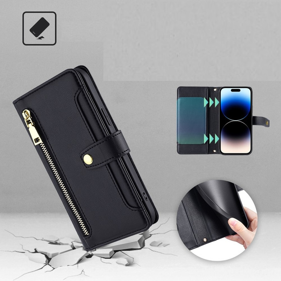 Etui z klapką do iPhone 14 Pro, Wallet Zipper Pocket, czarne