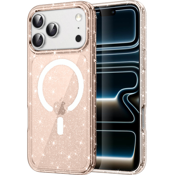 Etui do iPhone 17 Pro Max, do MagSafe, brokat - półprzezroczyste złote