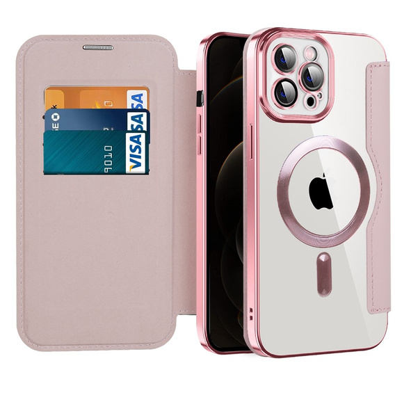 Etui z klapką do iPhone 12 Pro, RFID Wallet MagSafe z ochroną aparatu, różowe