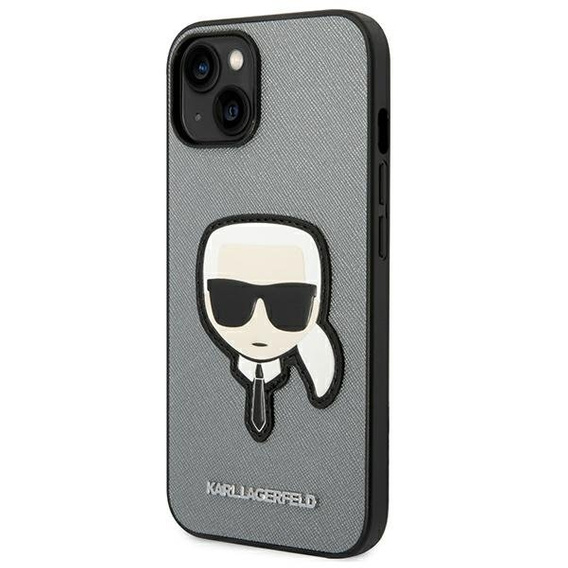Etui Karl Lagerfeld do iPhone 14, Saffiano Karl's Head Patch, srebrne
