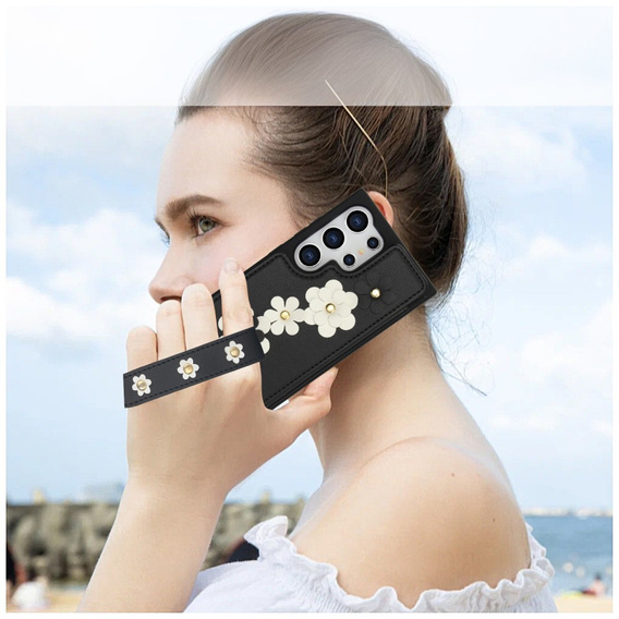Etui do Samsung Galaxy S25 Ultra, Leather Flower Card Slot, czarne