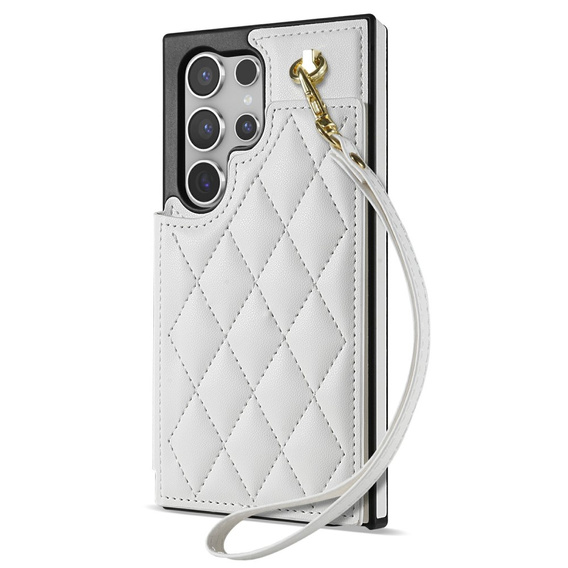 Etui do Samsung Galaxy S25 Ultra z kieszeniami na karty, paskiem i funkcją podstawki – białe