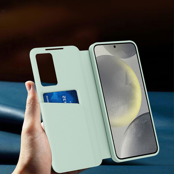 Etui do Samsung Galaxy A56 5G – skórzane z okienkiem Smart View i kieszenią na kartę, zielone