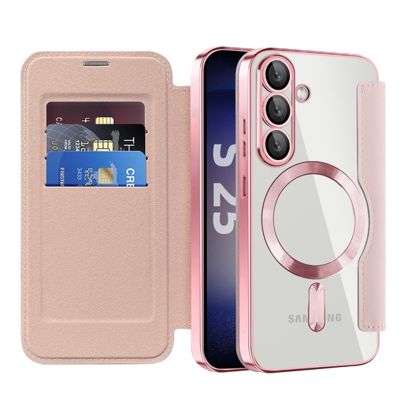Etui z klapką do Samsung Galaxy S25+ Plus, RFID Wallet MagSafe z ochroną aparatu, różowe