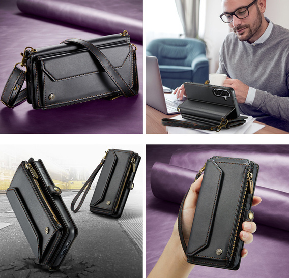 Etui z klapką do Samsung Galaxy A17 5G, portfelowe z zamkiem i paskami - czarne