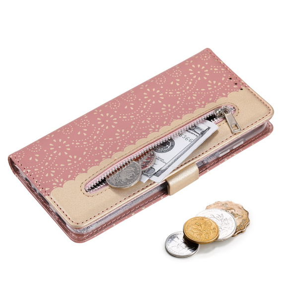 Etui z klapką do Samsung Galaxy A54 5G, Wallet Pocket Zipper Lace, różowe