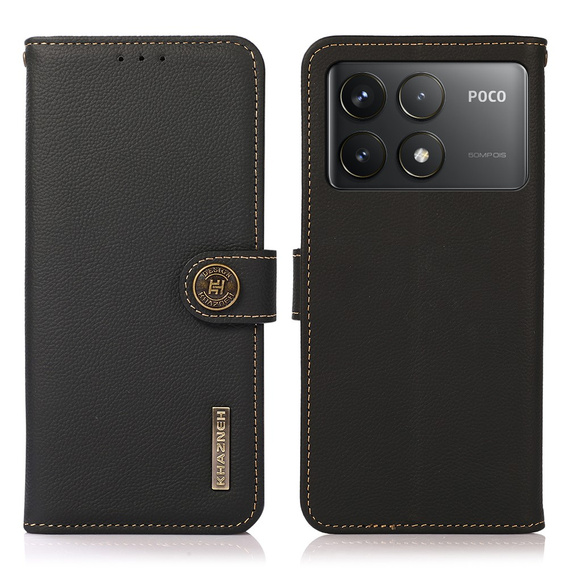 Skórzane Etui KHAZNEH RFID do Xiaomi Poco F6 Pro, Litchi Texture, czarne