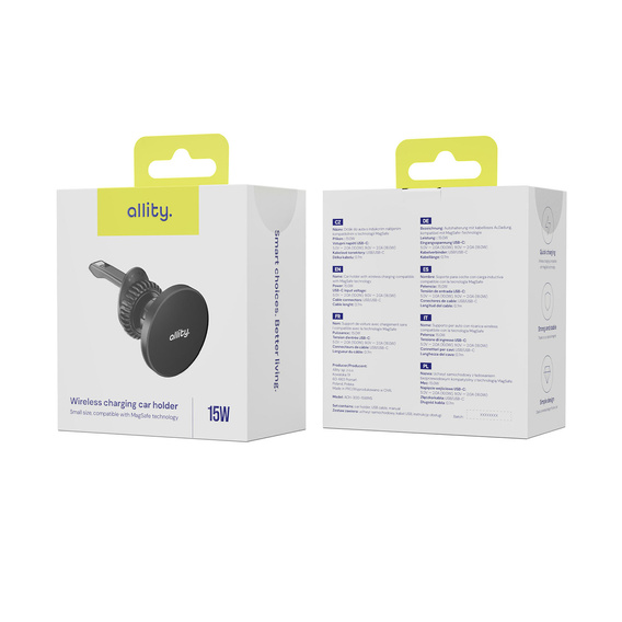 Allity ACH-300 15W – Magnetyczny Uchwyt Samochodowy z Ładowaniem Bezprzewodowym - czarny