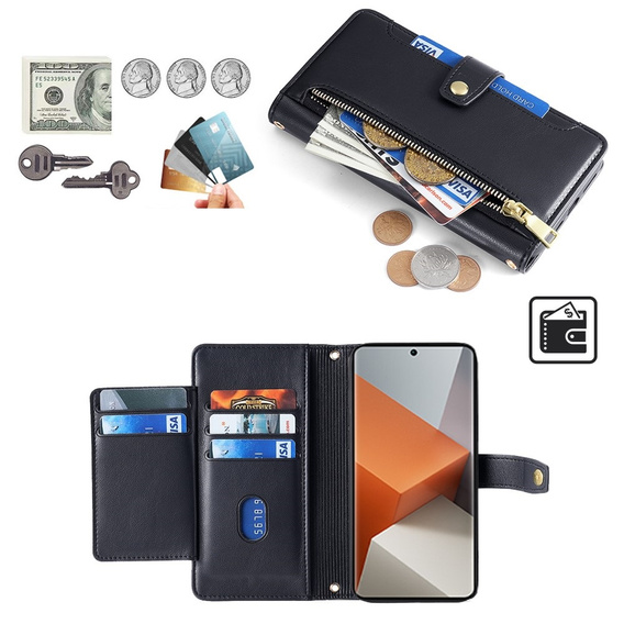 Etui z klapką do Xiaomi Redmi Note 13 Pro+, Wallet Zipper Pocket, czarne