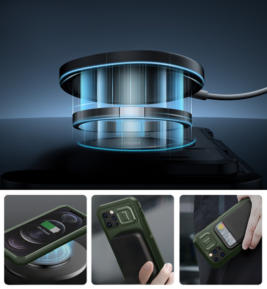 Etui pancerne do iPhone 12 / iPhone 12 Pro, Dexnor CamProtect MagSafe, zielone (Dwie ramki)