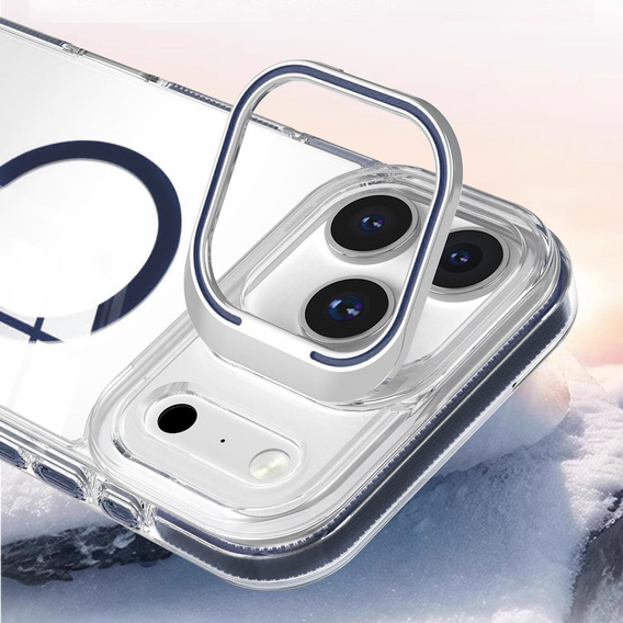 Etui do iPhone 17 Pro, do MagSafe, z podstawką, transparentne z granatowymi wstawkami