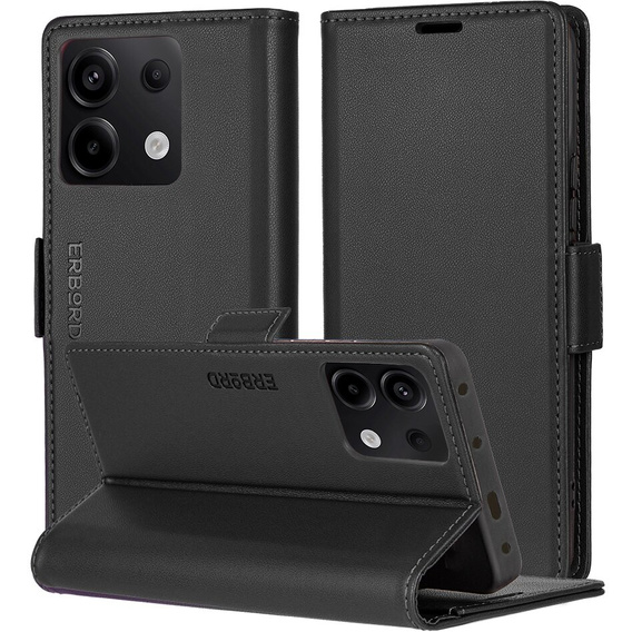 Etui do Xiaomi Redmi Note 13 5G, ERBORD Glossy Litchi, portfel z klapką, czarne