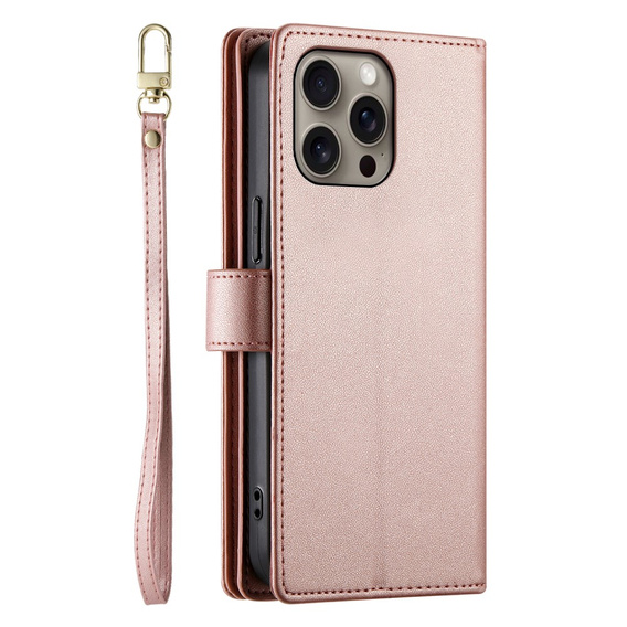 Etui z klapką do iPhone 16 Pro, Wallet Zipper Pocket, różowe