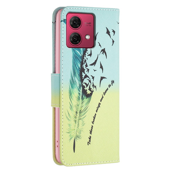 Etui z klapką do Motorola Moto G84 5G, Wallet, Feather niebieskie / żółte