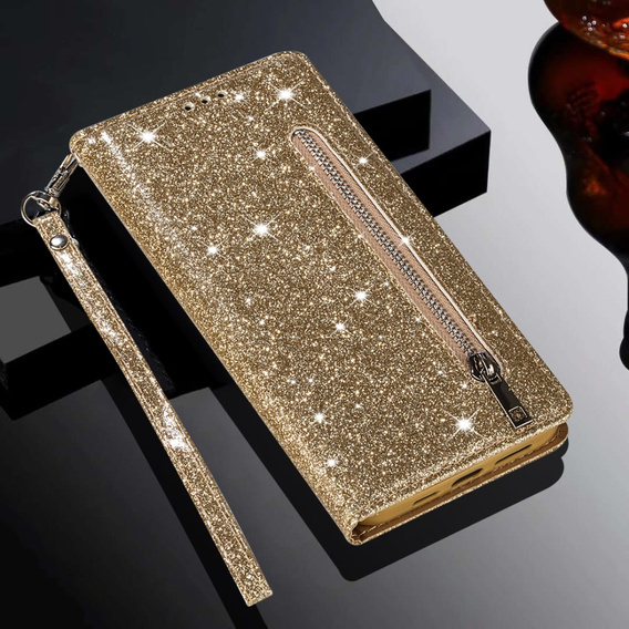 Etui z klapką do Samsung Galaxy A36 5G, Wallet Zipper Pocket Glittery, złote