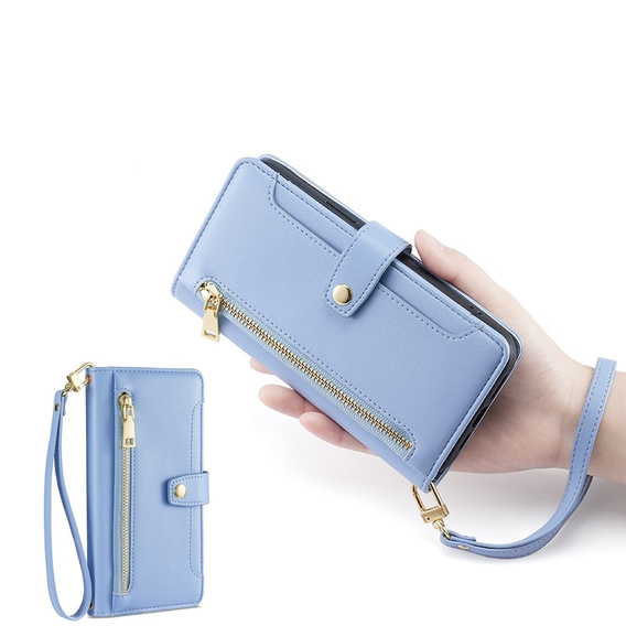 Etui z klapką do iPhone 14 Pro, Wallet Zipper Pocket, niebieskie