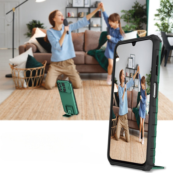 Etui pancerne do Samsung Galaxy A14 4G/5G, Camshield z podstawką, Zielone