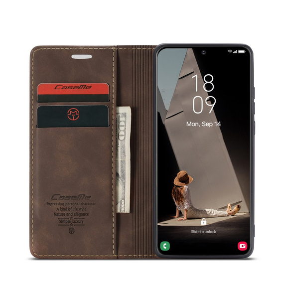 Etui CASEME do Samsung Galaxy S21 FE, Leather Wallet Case, kawowe
