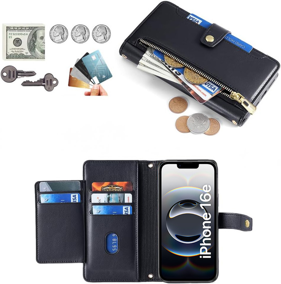 Etui z klapką do iPhone 16E, Wallet Zipper Pocket, czarne