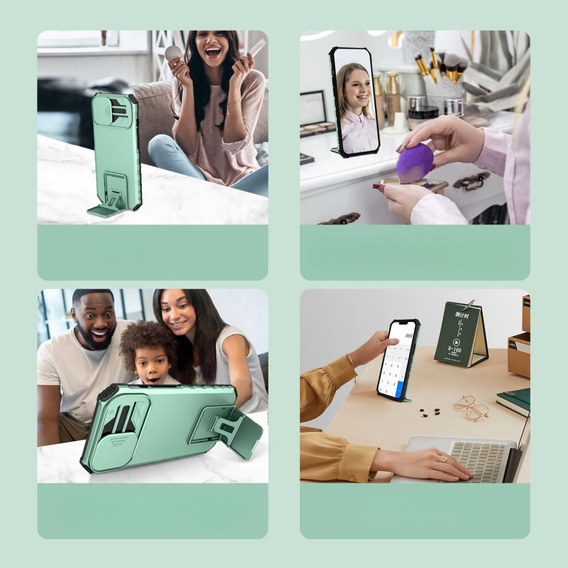 Etui pancerne do Samsung Galaxy A14 4G/5G, Camshield z podstawką, Zielone