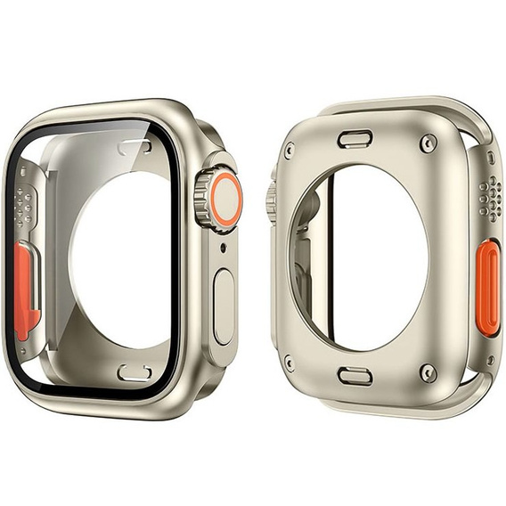 2w1 Pełne Etui + Szkło Hartowane do Apple Watch 7/8/9 45MM, Beżowe/Pomarańczowe